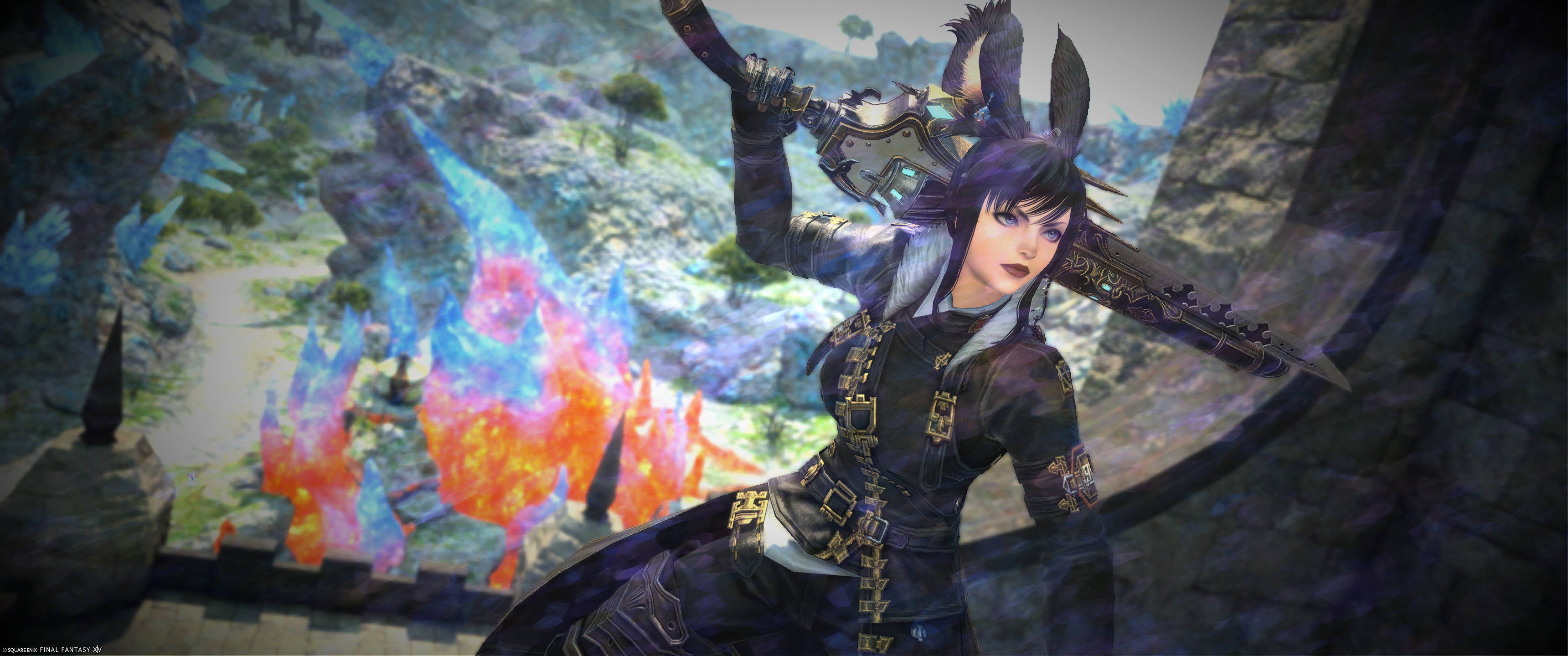 The Viera, Lyra Zwahn, stands with her weapon over her shoulder, looking triumphantly past the camera while a glowing red and blue crystal is in the distance.