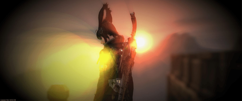 The Viera Gunbreaker, Lyra Zwahn, stands with a somber look, eyes closed, while a bright setting sun beams lens flares across her silhouette in the evening.