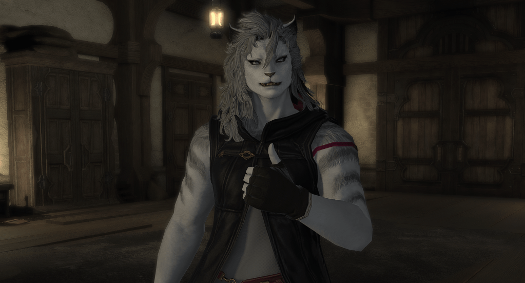 A female Hrothgar (anthropomorphic tiger person) gives a thumbs-up.