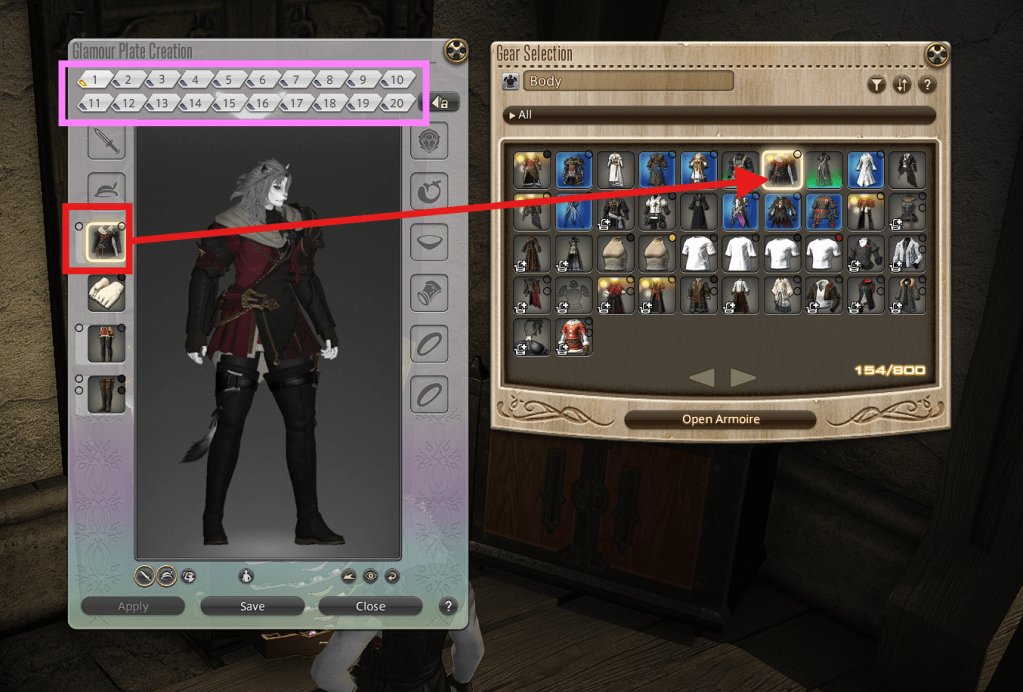 Screenshot of FFXIV showing two menus, one with many small items and another with the character.