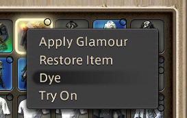 Screenshot of FFXIV showing the option to dye an item.
