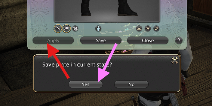 Screenshot of FFXIV showing the option to save and apply a glamour plate.