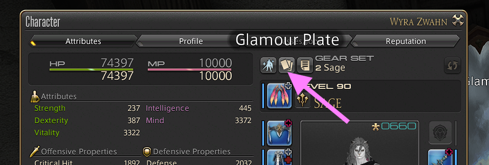 Screenshot of FFXIV showing the glamour icon.
