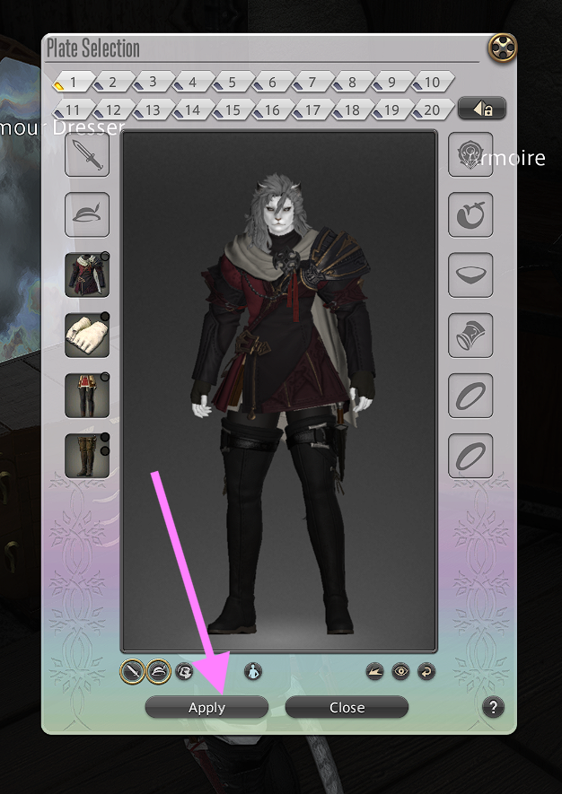 Screenshot of FFXIV showing the glamour plate menu with the apply button.