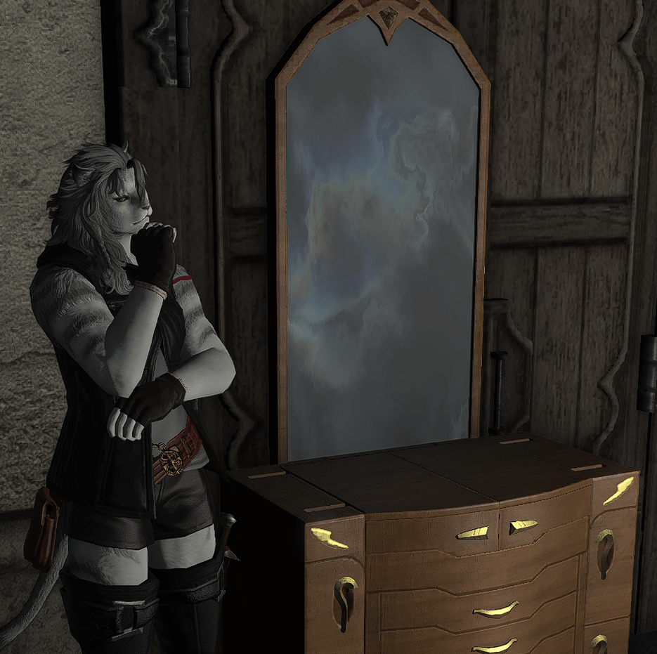 A female Hrothgar stands and thinks next to a dresser.