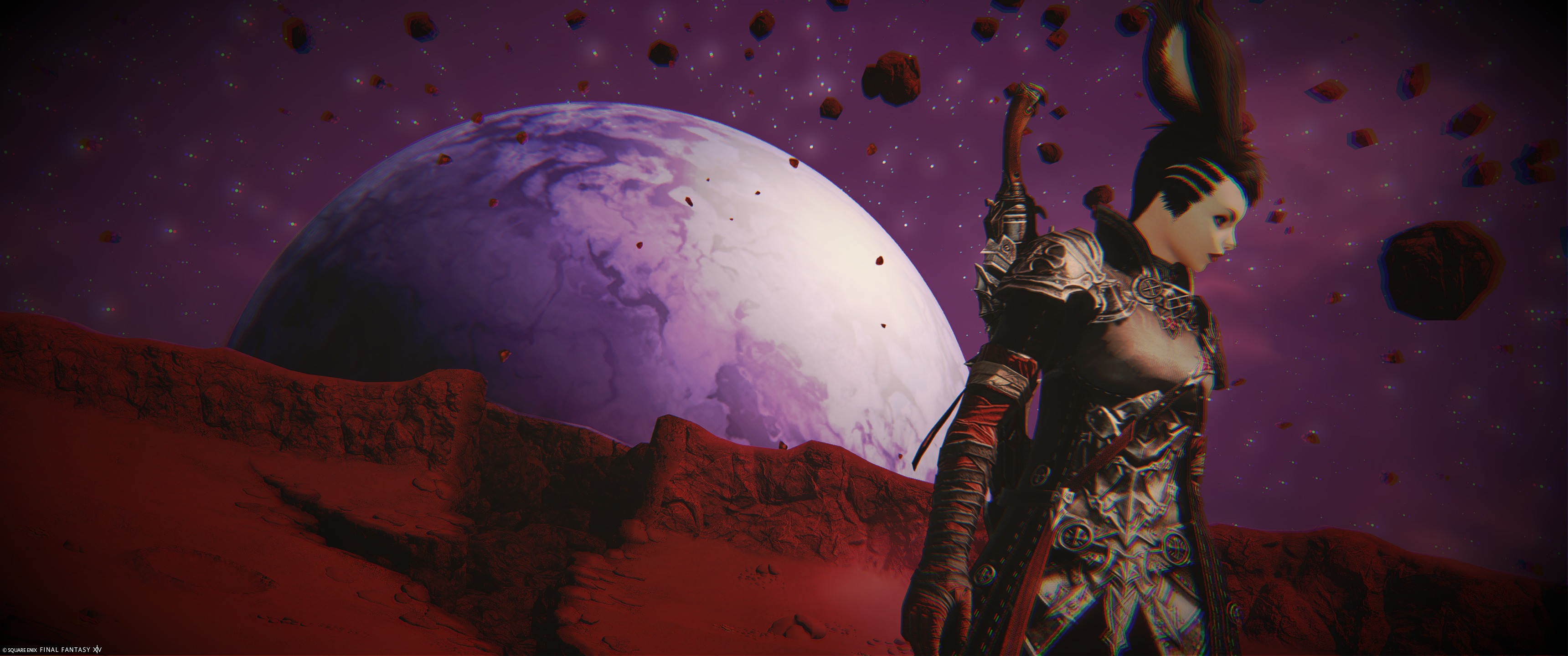 A Viera woman (human with hare ears) stands stoically and looks into the distance upon a red lunar surface with an ominous dark purple planet in the background.